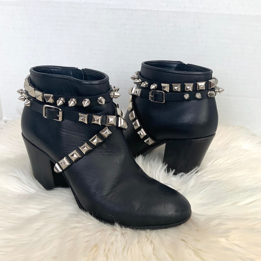 Giuseppe Zanotti Birel Black Leather Silver Studded Strappy Ankle Booties 37.5